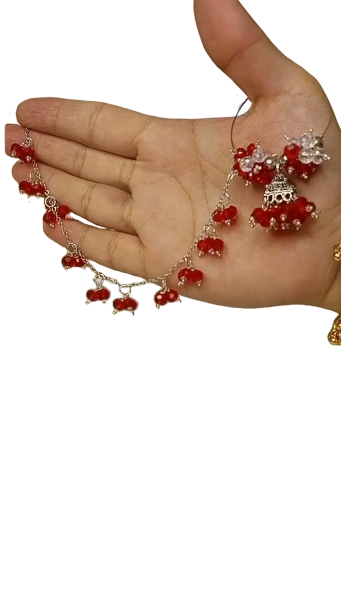 Handmade Red Beaded Jhumka Earrings with Sahara Chain for Women – Traditional Hair Chain Jhumki Set