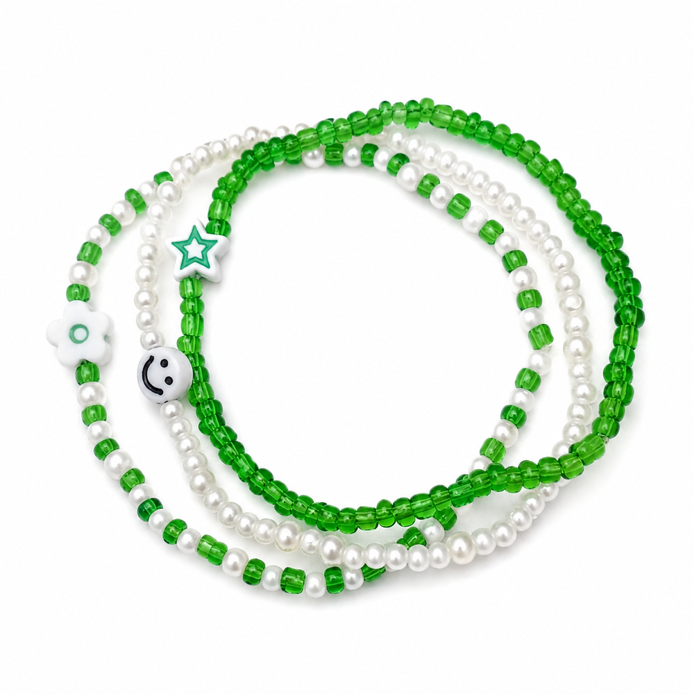 14 August Green & White Handmade Beaded Bracelet Set (Pack of 3)