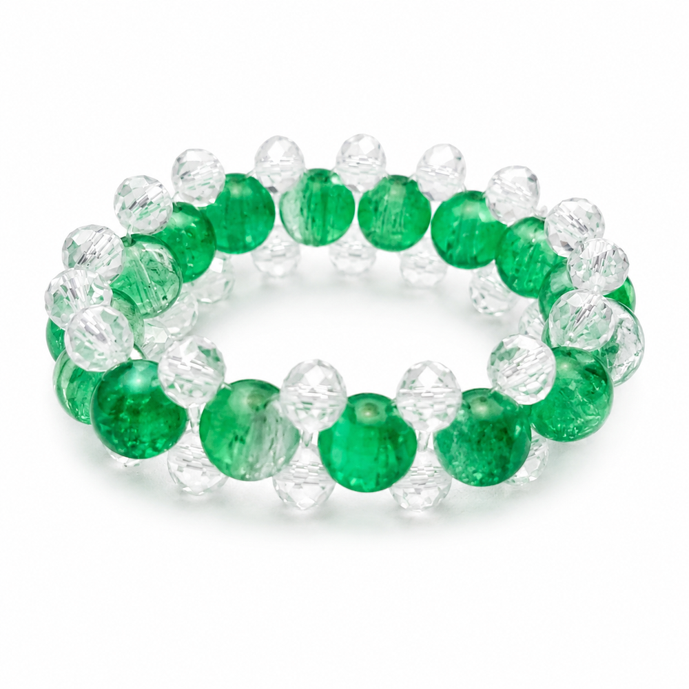 14 August Green & Crystal Beaded Stretch Bracelet
