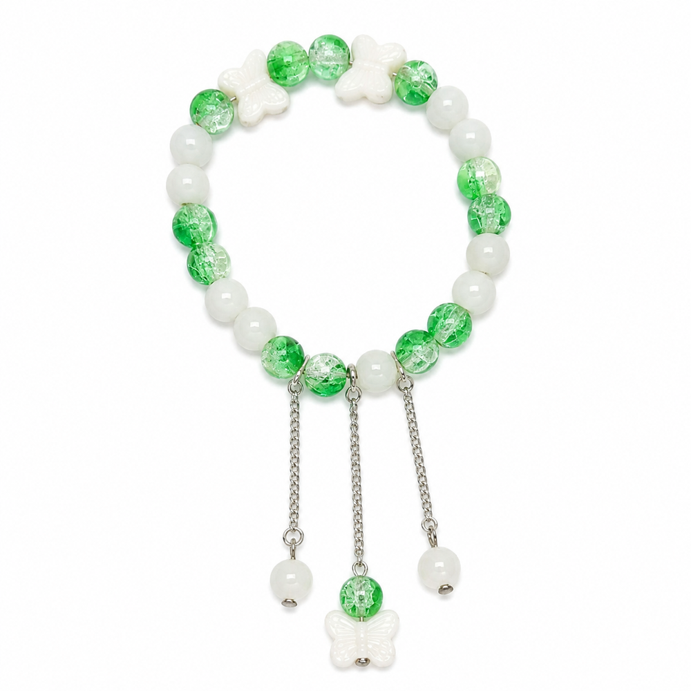 14 August Green & White Butterfly Charm Bracelet