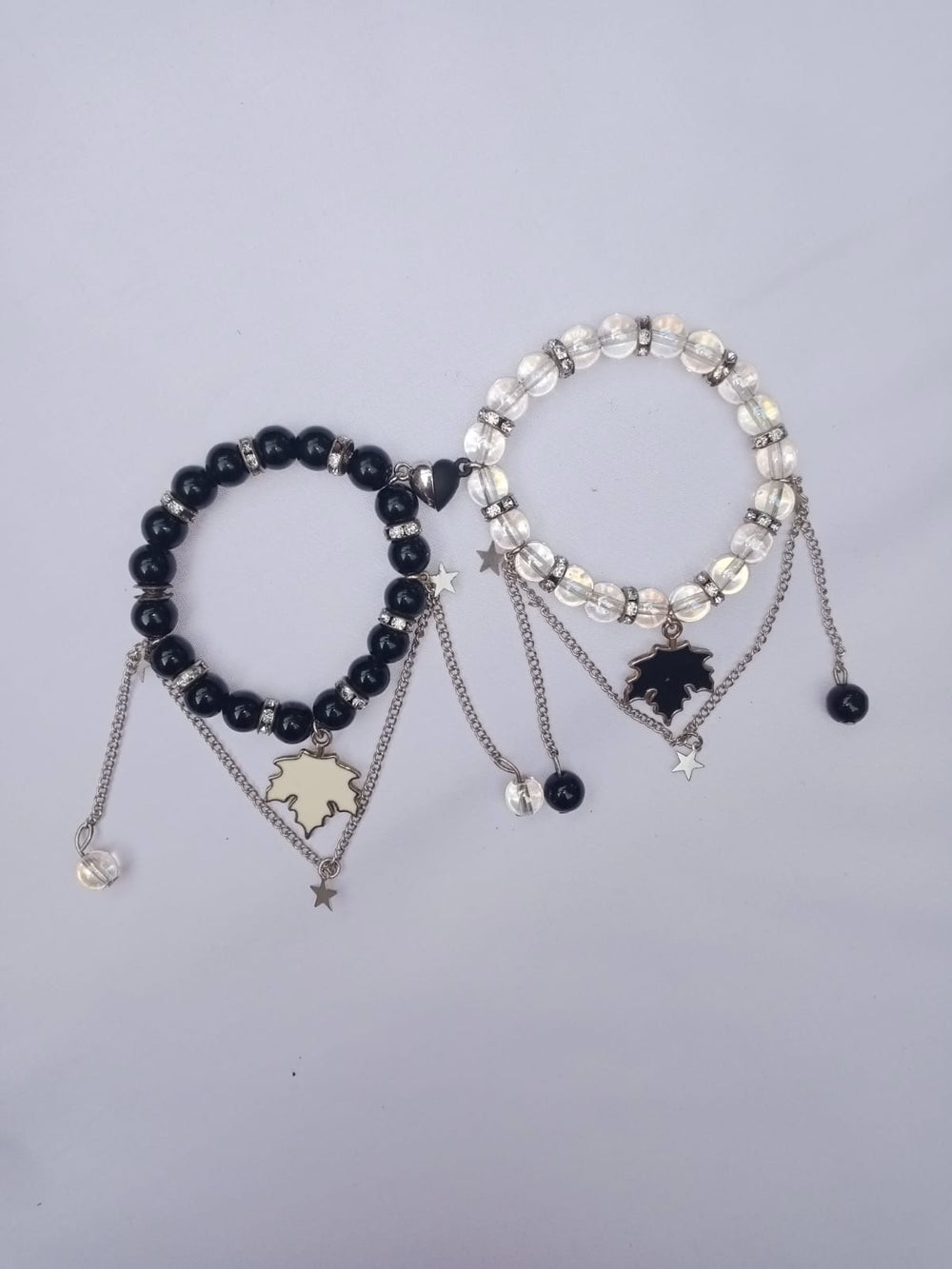 Leaf Charm Magnetic Bracelet (Black & Crystal Beads)