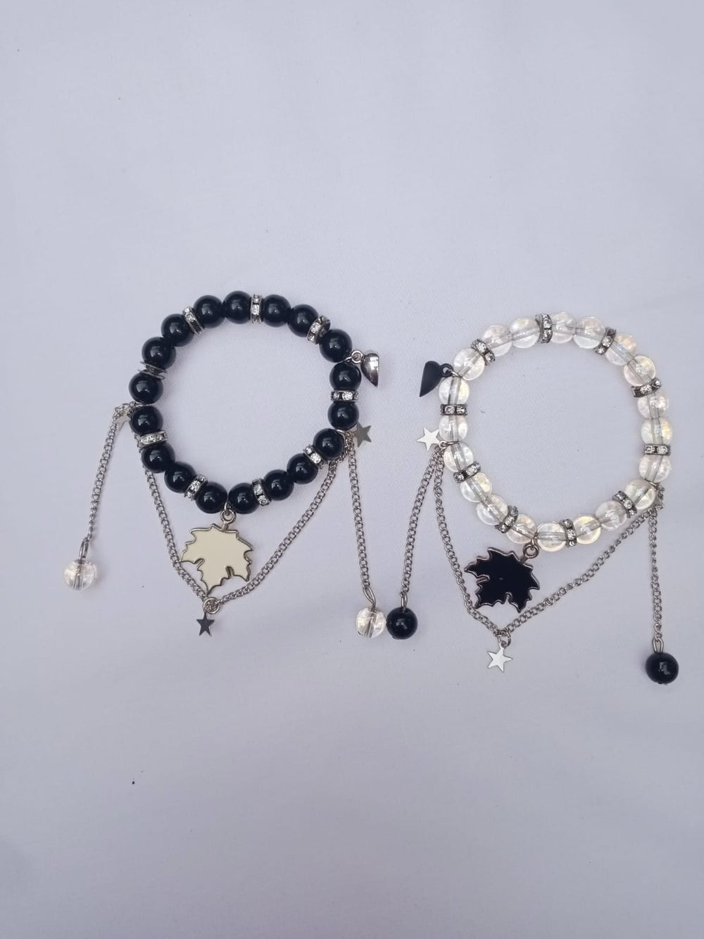 Leaf Charm Magnetic Bracelet (Black & Crystal Beads)