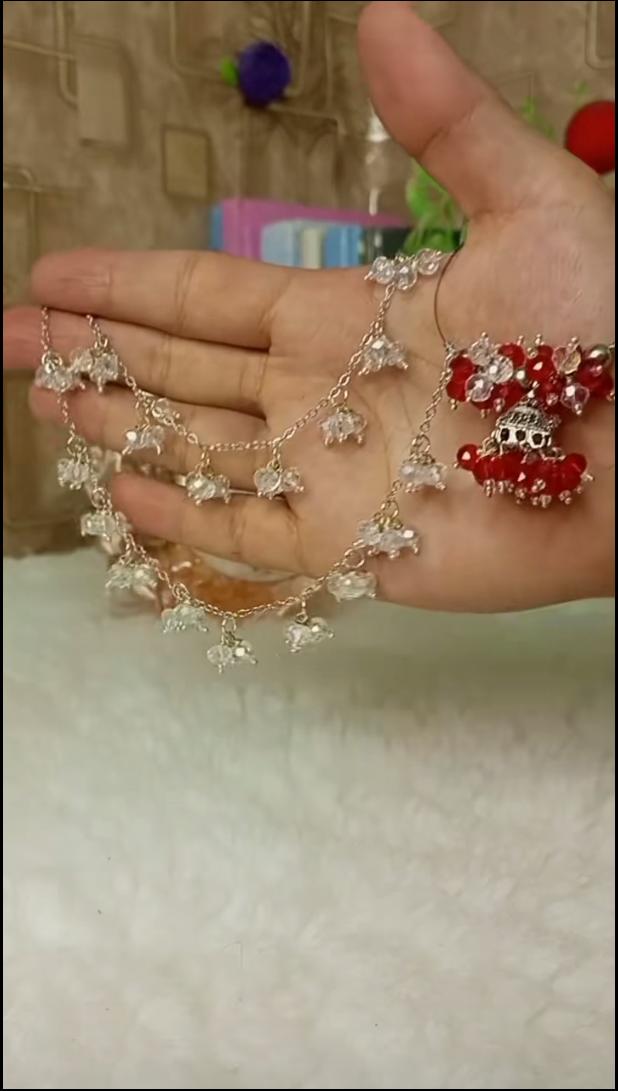 Handmade Red Beaded Jhumka Earrings with Sahara Chain for Women – Traditional Hair Chain Jhumki Set