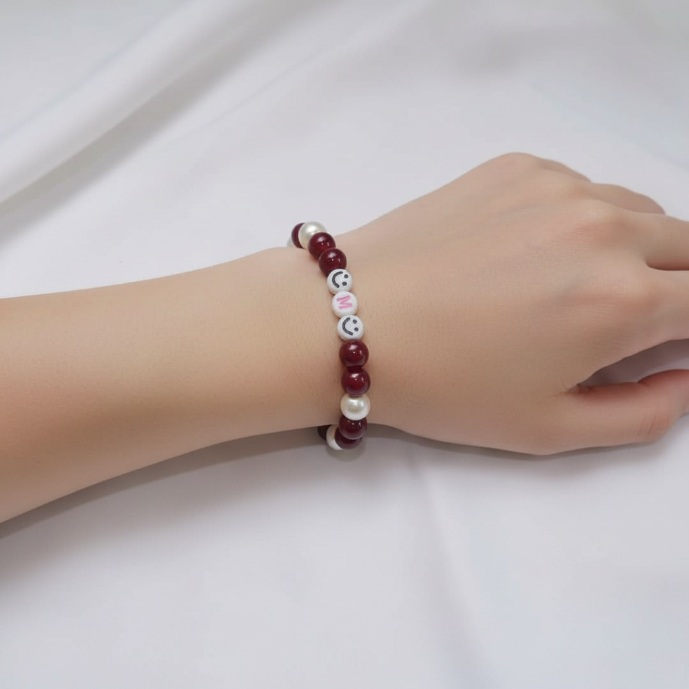 Personalized Letter Beaded Bracelet – Red & Pearl Stretch Bracelet with Smiley Charm