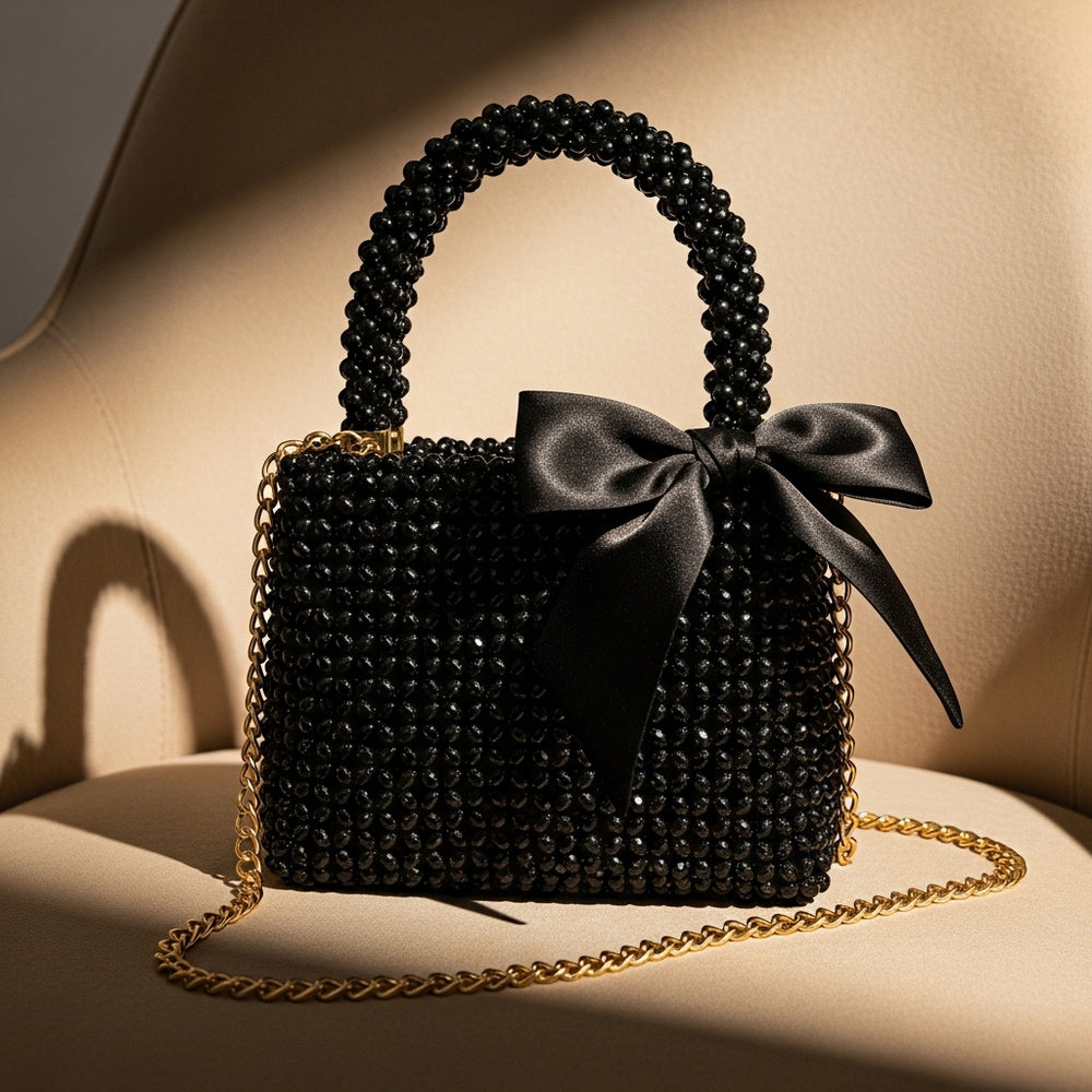 Luxury Black Beaded Evening Bag with Satin Bow & Gold Chain