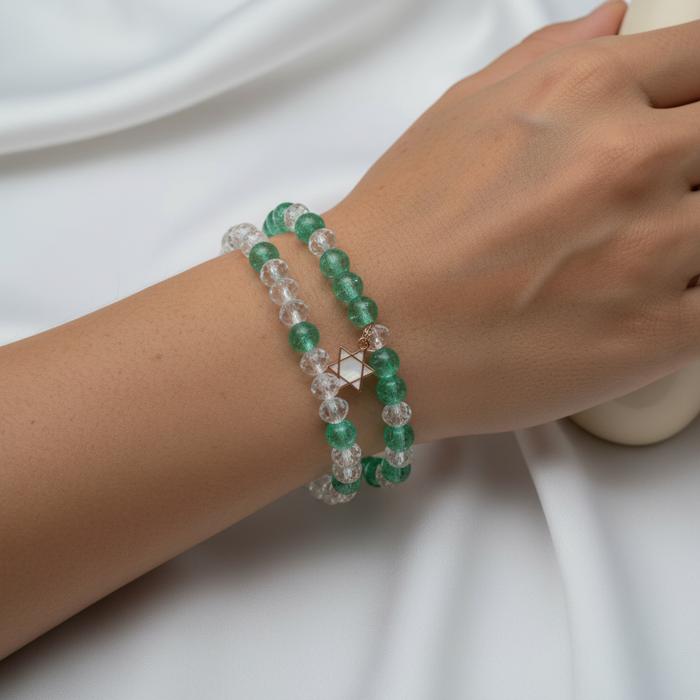 Emerald Glow Double Layer Beaded Charm Bracelet