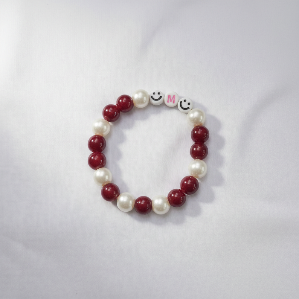 Personalized Letter Beaded Bracelet – Red & Pearl Stretch Bracelet with Smiley Charm