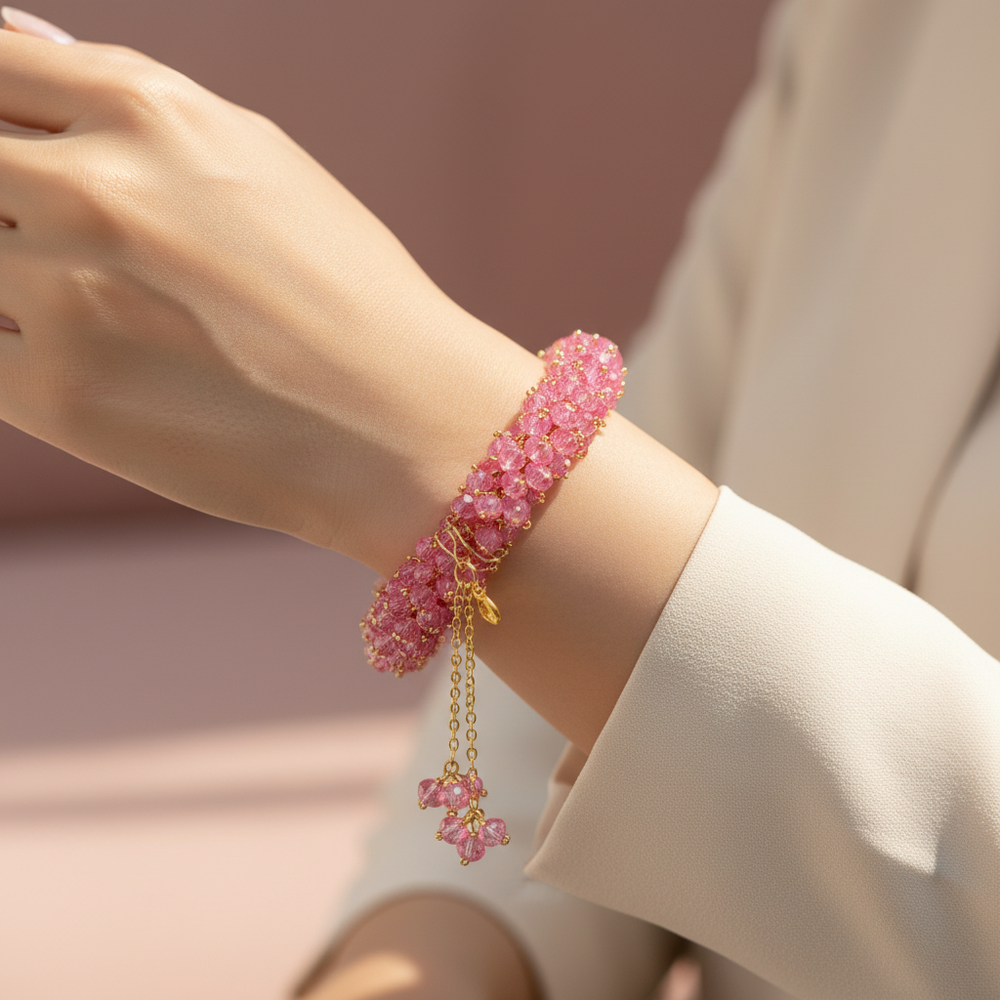 Pink Crystal Beaded Gajra Bracelet – Elegant Handmade Women's Bracelet