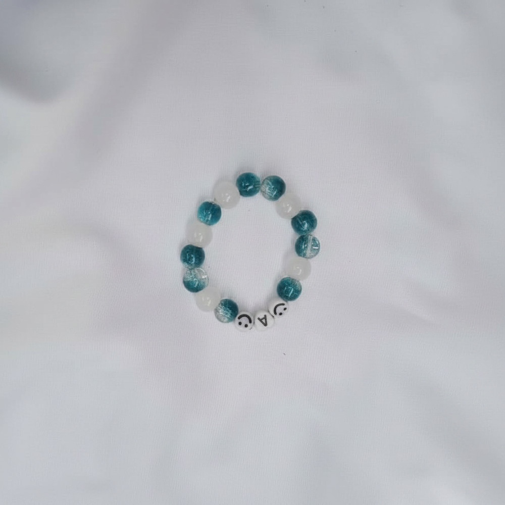 Blue & White Beaded Bracelet with Letter Charm – Handmade Stretch Bracelet for Girls