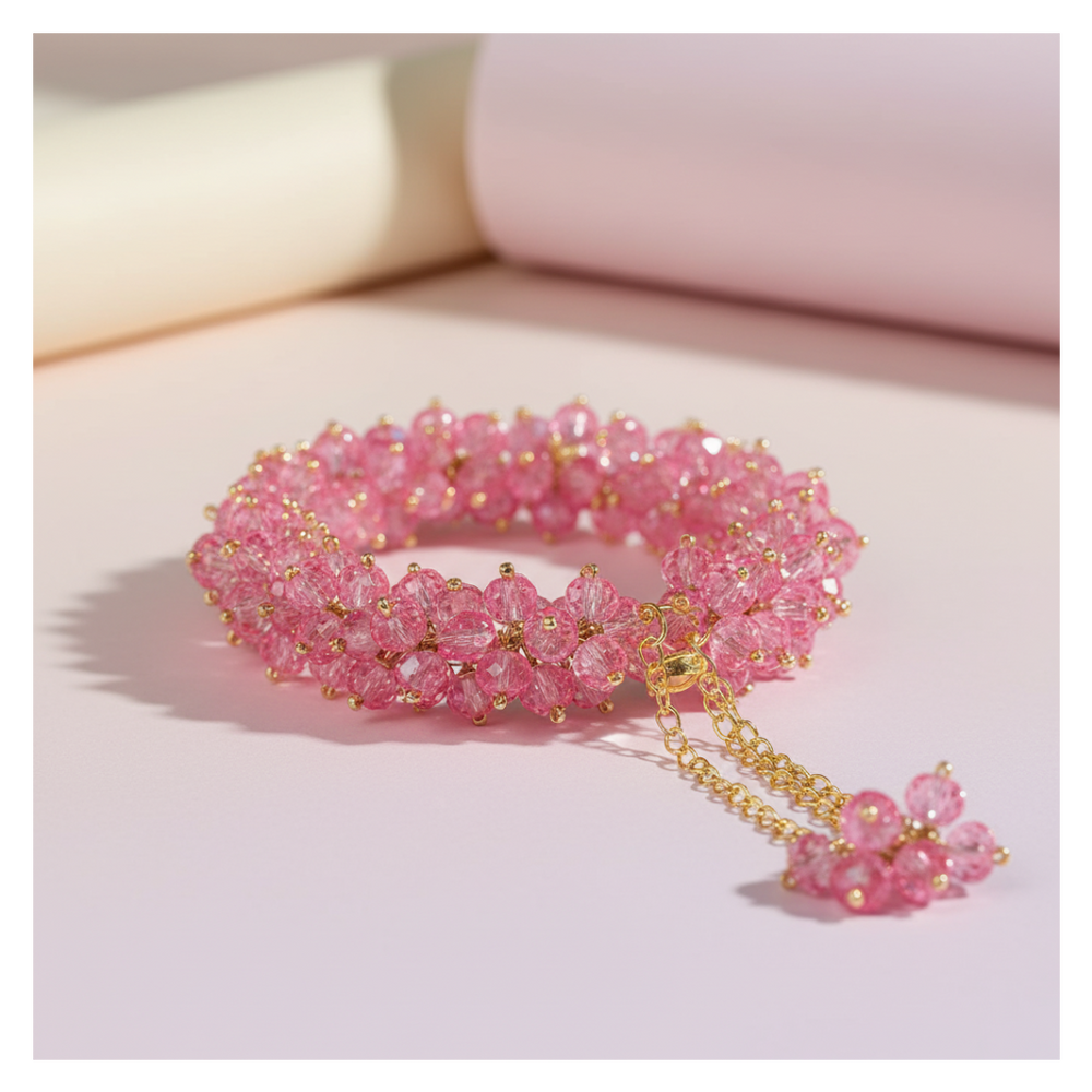 Pink Crystal Beaded Gajra Bracelet – Elegant Handmade Women's Bracelet